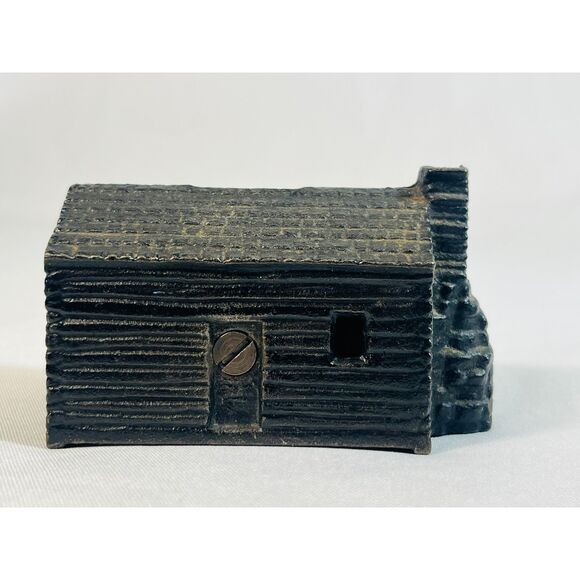 Vintage Cast Iron Log Cabin Still Bank--by Cornelius Bergbower w/ Paper Label - Picture 6 of 11